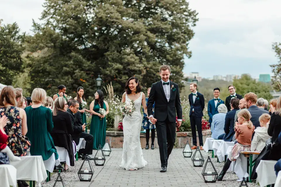 A newly married couple during their wedding ceremony.